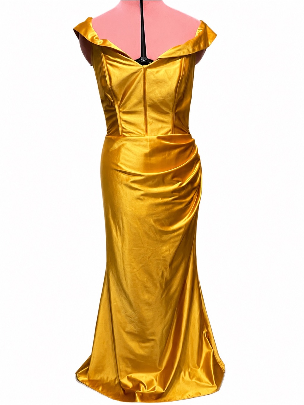 Galina Signature Shimmering Golden Yellow | Satin Off-Shoulder Mermaid Gown